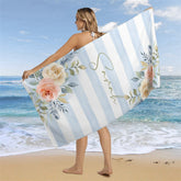 Lofaris Boho Blue Floral Stripes Custom Name Beach Towel